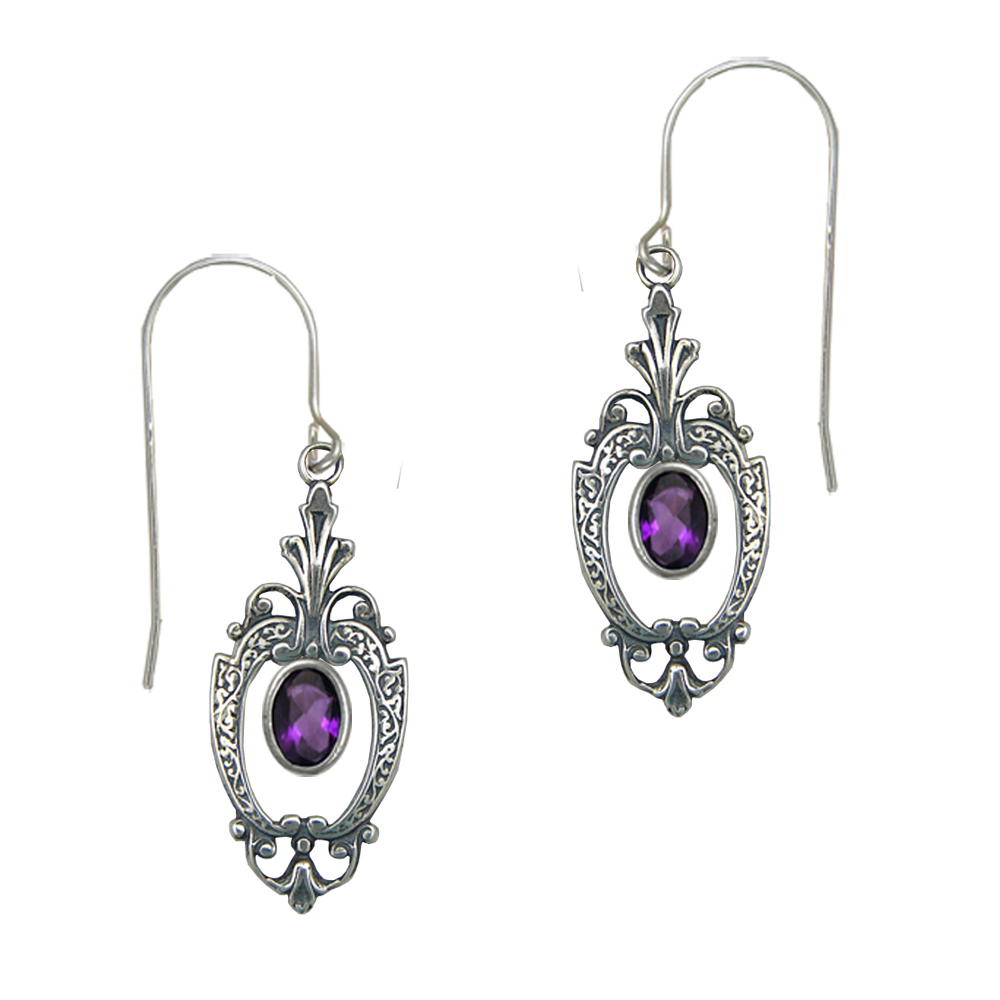 Sterling Silver Art Deco Drop Dangle Earrings With Faceted Amethyst